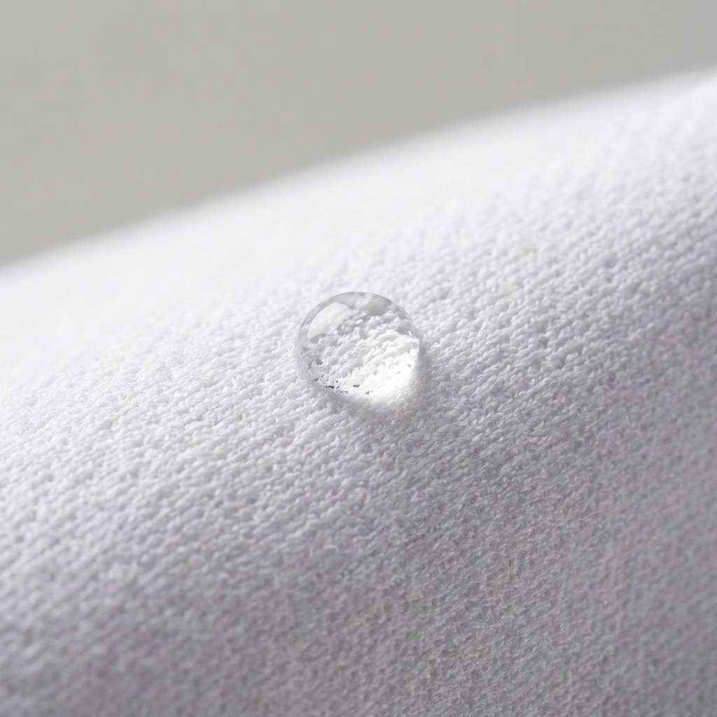 Close-up of anti-stain fabric with water beading on surface
