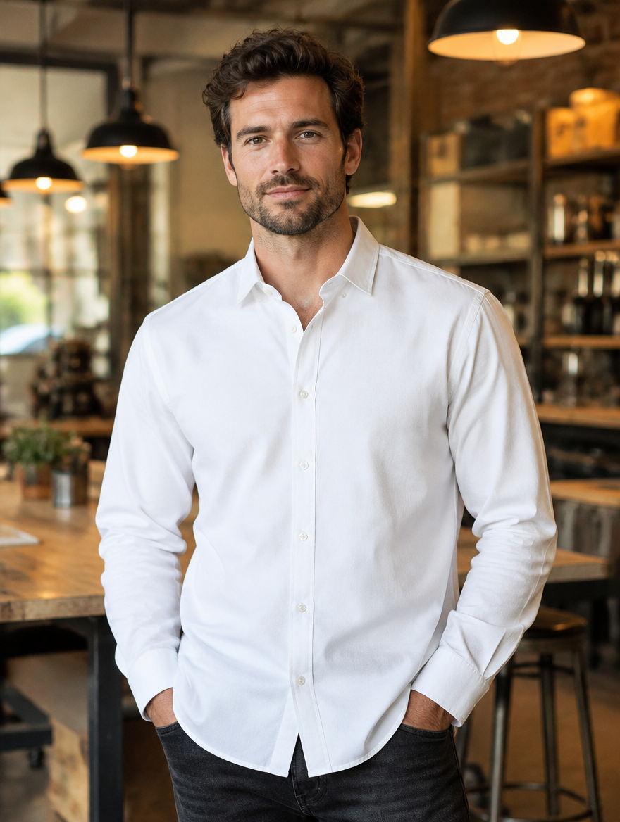 Worker wearing odorless anti-stain workshirt on the job
